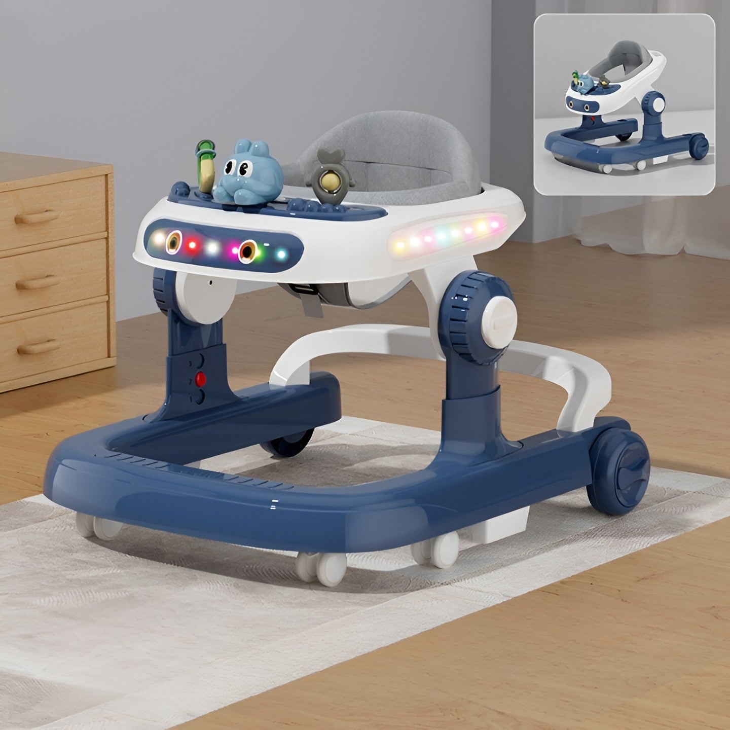 Premergator Multifunctional cu Roti Flippy, Model Iepuras, Inaltime Ajustabila, Tavita, Muzica, Lumini, 66x59x41 cm, Albastru-2