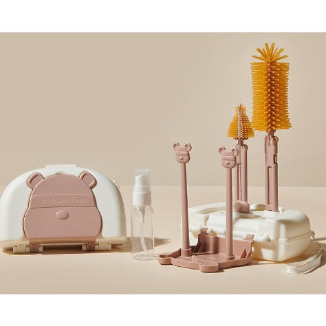 Set Portabil cu Suport de Spalare/ Uscare Biberoane, Flippy, Perii de Silicon pentru Curatarea Tetinelor, Suzetelor, Paharelor si Biberoanelor, Cutie Multifunctionala, Model Ursulet, Maro-0