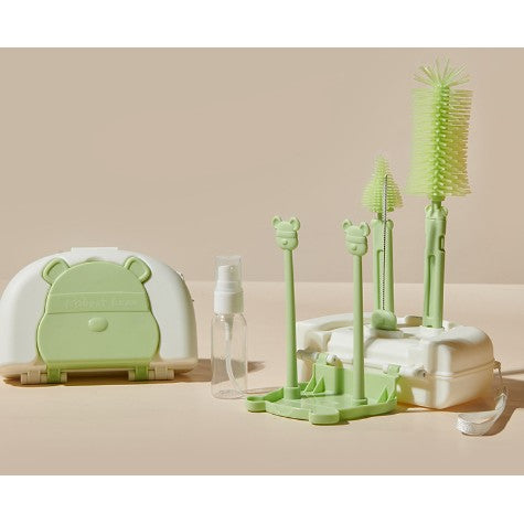 Set Portabil cu Suport de Spalare/ Uscare Biberoane, Flippy, Perii de Silicon pentru Curatarea Tetinelor, Suzetelor, Paharelor si Biberoanelor, Cutie Multifunctionala, Model Ursulet, Verde-0