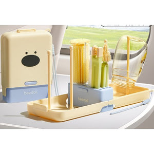 Set Portabil cu Suport de Spalare/ Uscare Biberoane, Flippy, Perii de Silicon pentru Curatarea Tetinelor, Suzetelor, Paharelor si Biberoanelor, Cutie Multifunctionala, Model Animat, Galben-0