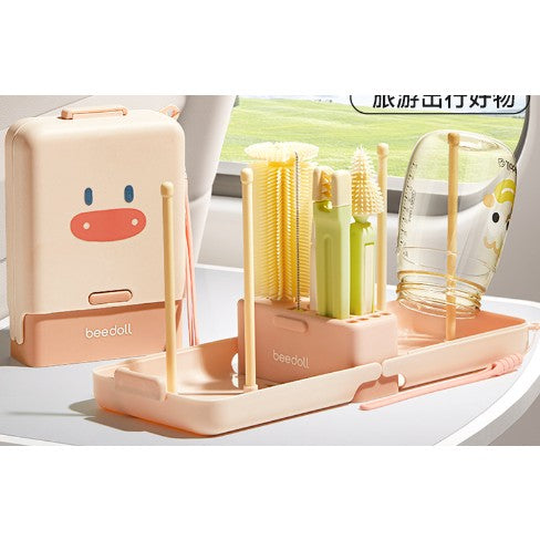 Set Portabil cu Suport de Spalare/ Uscare Biberoane, Flippy, Perii de Silicon pentru Curatarea Tetinelor, Suzetelor, Paharelor si Biberoanelor, Cutie Multifunctionala, Model Animat, Roz-0