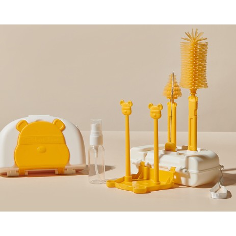 Set Portabil cu Suport de Spalare/ Uscare Biberoane, Flippy, Perii de Silicon pentru Curatarea Tetinelor, Suzetelor, Paharelor si Biberoanelor, Cutie Multifunctionala, Model Ursulet, Galben-0