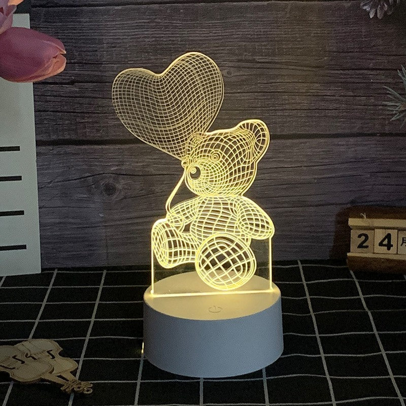 Lampa LED decorativa, Flippy, 3D, Ursulet cu balon inima, cu telecomanda, doua moduri de alimentare USB si baterii, 20 cm inaltime, din material acril si lumina multicolora, alb-1