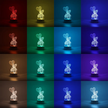 Lampa LED decorativa, Flippy, 3D, Ursulet cu balon inima, cu telecomanda, doua moduri de alimentare USB si baterii, 20 cm inaltime, din material acril si lumina multicolora, alb-2