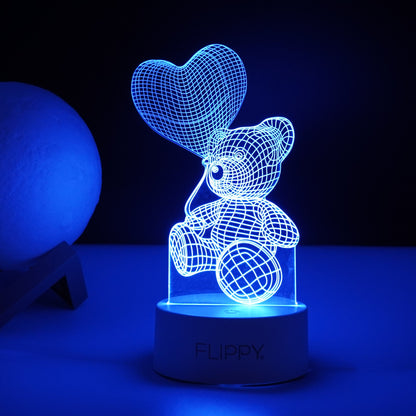 Lampa LED decorativa, Flippy, 3D, Ursulet cu balon inima, cu telecomanda, doua moduri de alimentare USB si baterii, 20 cm inaltime, din material acril si lumina multicolora, alb-3