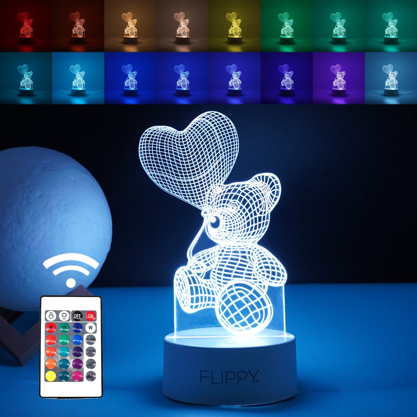 Lampa LED decorativa, Flippy, 3D, Ursulet cu balon inima, cu telecomanda, doua moduri de alimentare USB si baterii, 20 cm inaltime, din material acril si lumina multicolora, alb-0