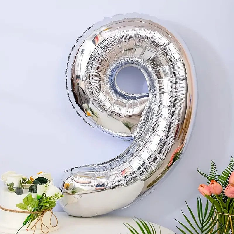 Balon din Folie Flippy, Cifra 9, 81 cm, Pentru Aer sau Heliu, Argintiu-1