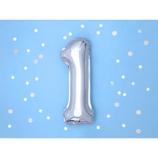 Balon din Folie Metalizata, Flippy, Figurina Cifra, Tema Aniversare 100 cm, Ambalaj Individual, Pai inclus, Umflare cu Aer sau Heliu, Argintiu, Cifra 1-1