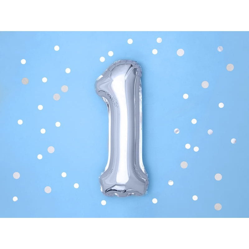 Balon din Folie Metalizata, Flippy, Figurina Cifra, Tema Aniversare 100 cm, Ambalaj Individual, Pai inclus, Umflare cu Aer sau Heliu, Argintiu, Cifra 1-1