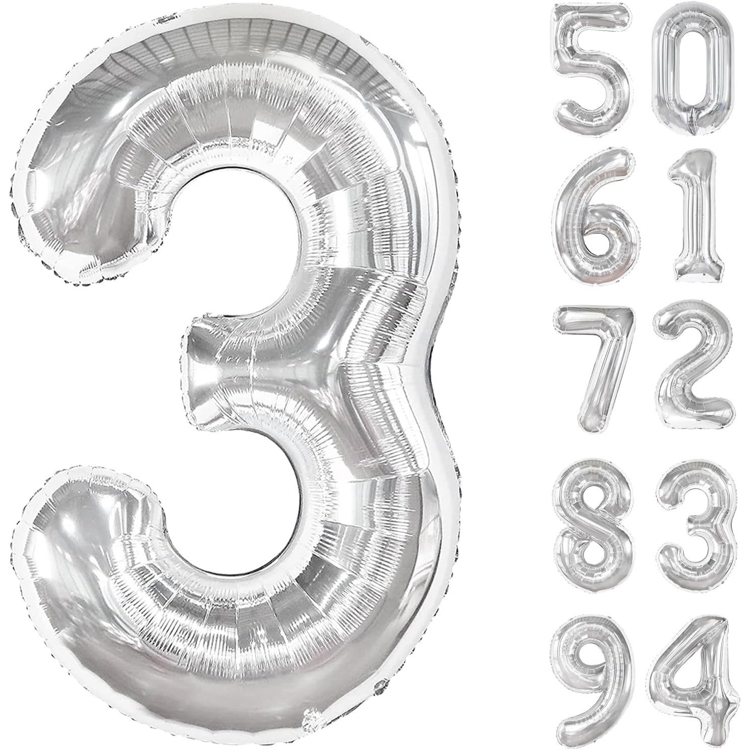 Balon din Folie Metalizata, Flippy, Figurina Cifra, Tema Aniversare 100 cm, Ambalaj Individual, Pai inclus, Umflare cu Aer sau Heliu, Argintiu, Cifra 3-1