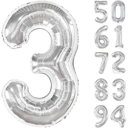 Balon din Folie Metalizata, Flippy, Figurina Cifra, Tema Aniversare 100 cm, Ambalaj Individual, Pai inclus, Umflare cu Aer sau Heliu, Argintiu, Cifra 3-1