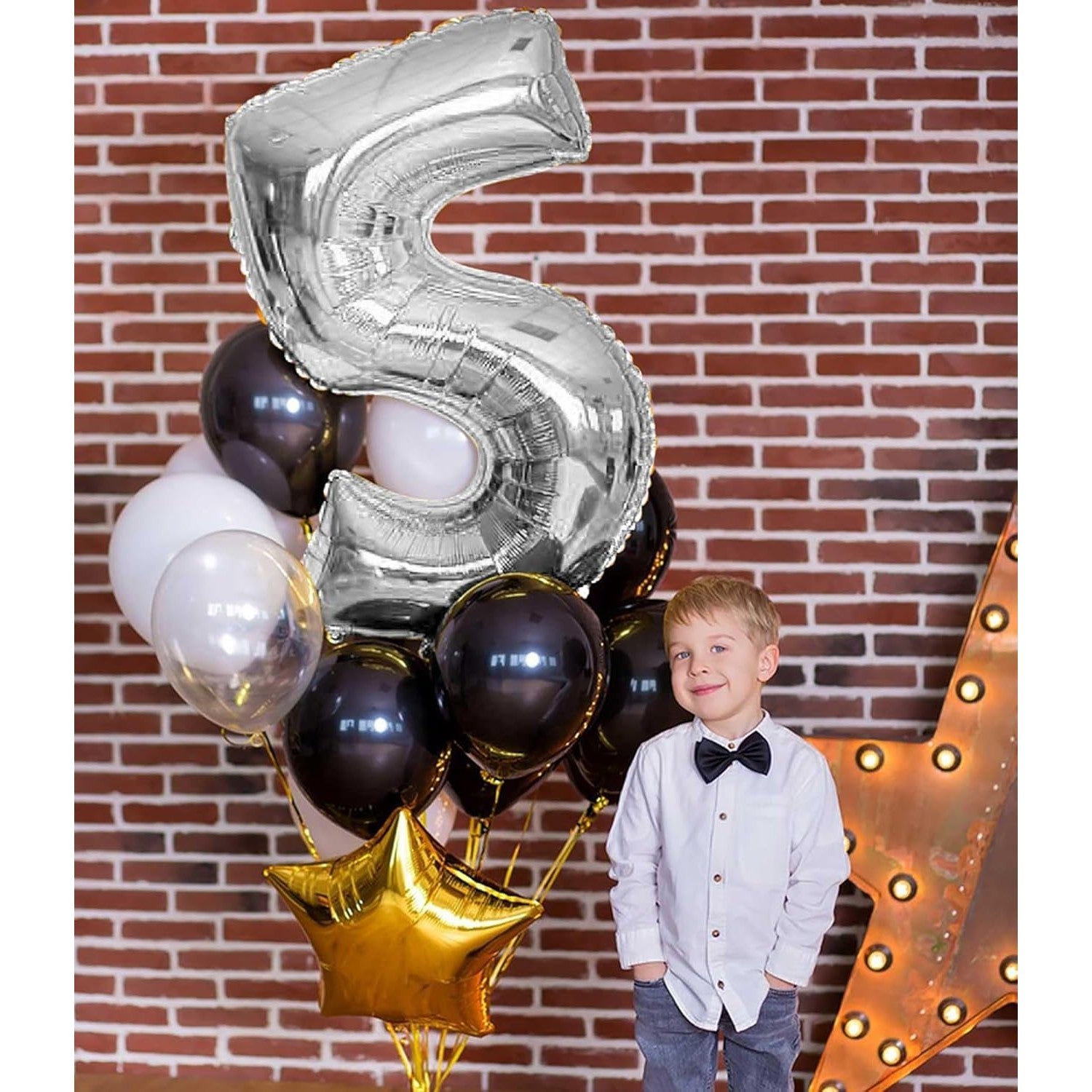 Balon din Folie Metalizata, Flippy, Figurina Cifra, Tema Aniversare 100 cm, Ambalaj Individual, Pai inclus, Umflare cu Aer sau Heliu, Argintiu, Cifra 5-1