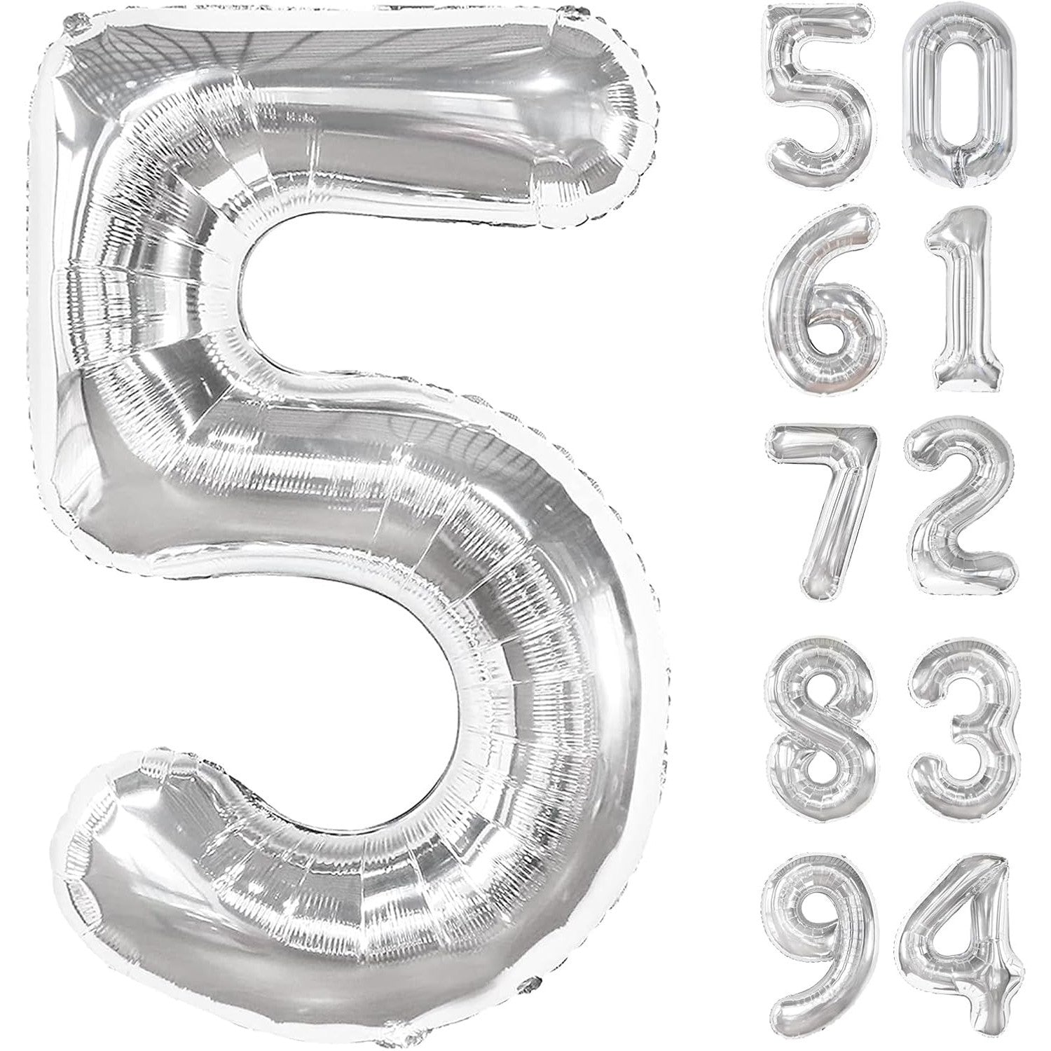 Balon din Folie Metalizata, Flippy, Figurina Cifra, Tema Aniversare 100 cm, Ambalaj Individual, Pai inclus, Umflare cu Aer sau Heliu, Argintiu, Cifra 5-3