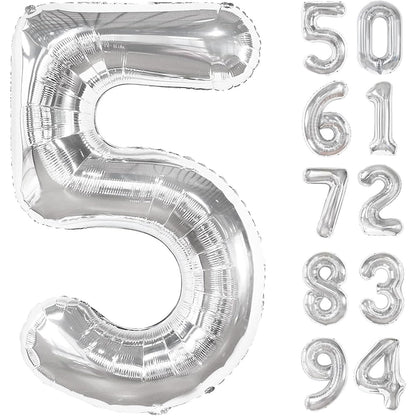 Balon din Folie Metalizata, Flippy, Figurina Cifra, Tema Aniversare 100 cm, Ambalaj Individual, Pai inclus, Umflare cu Aer sau Heliu, Argintiu, Cifra 5-3