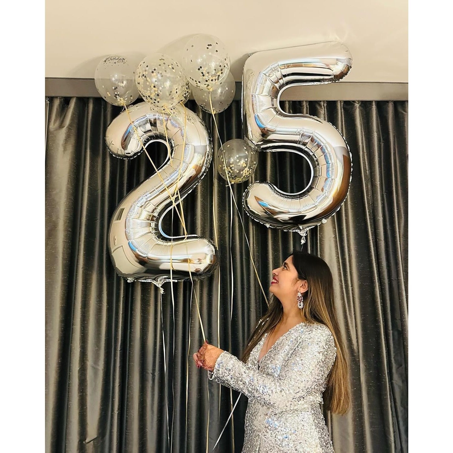 Balon din Folie Metalizata, Flippy, Figurina Cifra, Tema Aniversare 100 cm, Ambalaj Individual, Pai inclus, Umflare cu Aer sau Heliu, Argintiu, Cifra 5-4