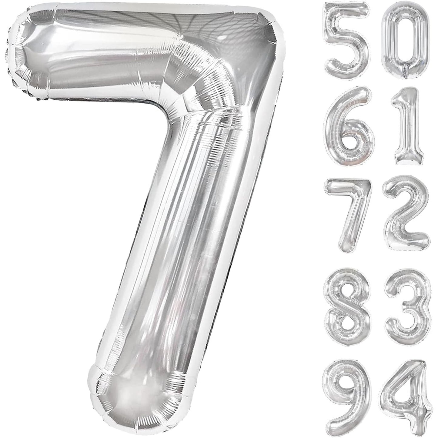 Balon din Folie Metalizata, Flippy, Figurina Cifra, Tema Aniversare 100 cm, Ambalaj Individual, Pai inclus, Umflare cu Aer sau Heliu, Argintiu, Cifra 7-3