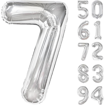 Balon din Folie Metalizata, Flippy, Figurina Cifra, Tema Aniversare 100 cm, Ambalaj Individual, Pai inclus, Umflare cu Aer sau Heliu, Argintiu, Cifra 7-3