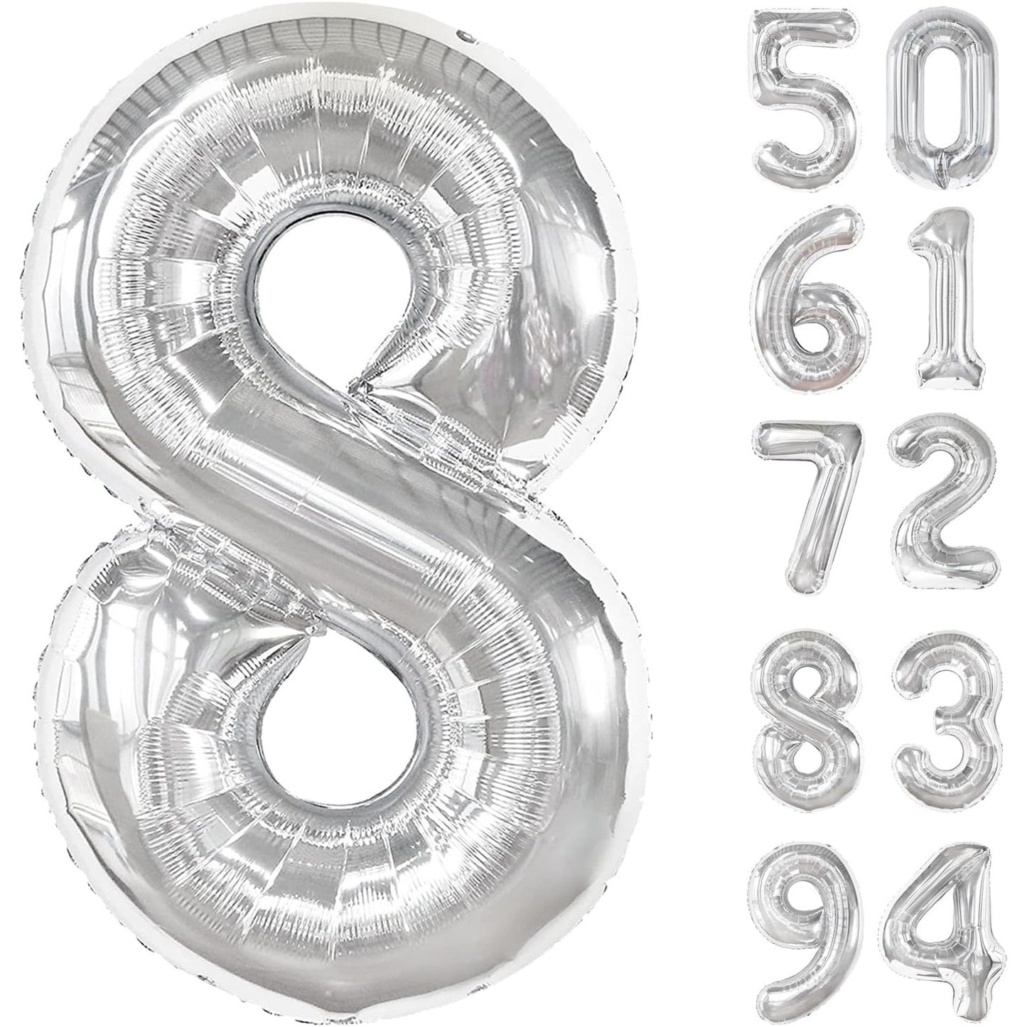 Balon din Folie Metalizata, Flippy, Figurina Cifra, Tema Aniversare 100 cm, Ambalaj Individual, Pai inclus, Umflare cu Aer sau Heliu, Argintiu, Cifra 8-2