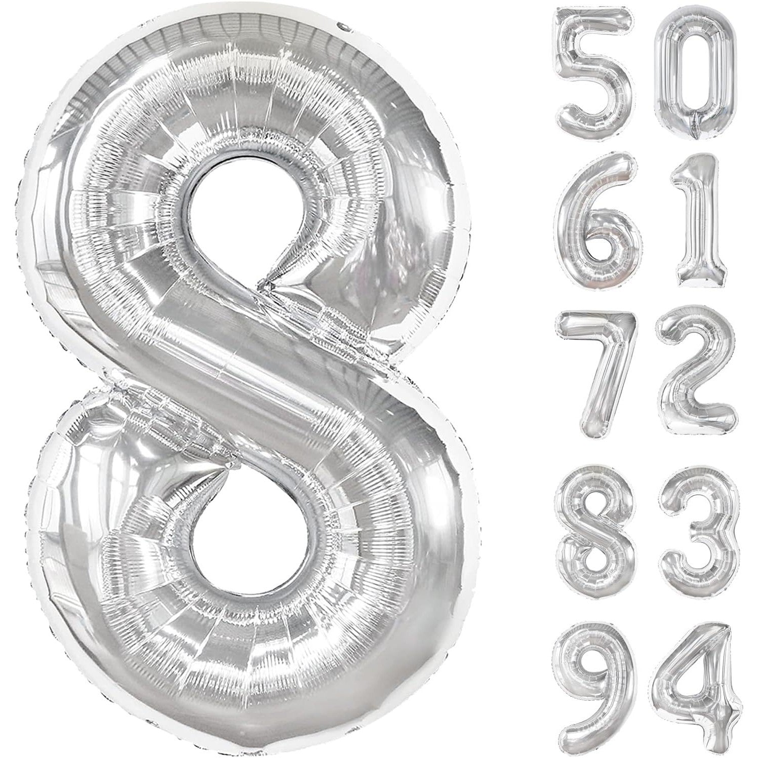 Balon din Folie Metalizata, Flippy, Figurina Cifra, Tema Aniversare 100 cm, Ambalaj Individual, Pai inclus, Umflare cu Aer sau Heliu, Argintiu, Cifra 8-2