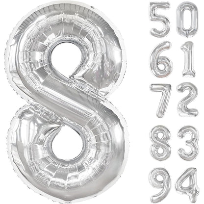 Balon din Folie Metalizata, Flippy, Figurina Cifra, Tema Aniversare 100 cm, Ambalaj Individual, Pai inclus, Umflare cu Aer sau Heliu, Argintiu, Cifra 8-2