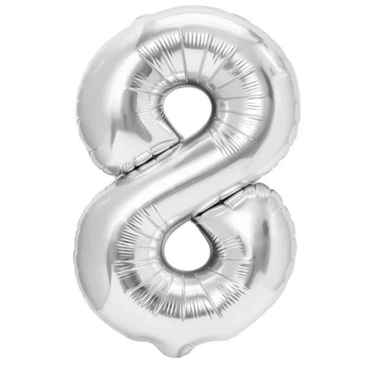Balon din Folie Metalizata, Flippy, Figurina Cifra, Tema Aniversare 100 cm, Ambalaj Individual, Pai inclus, Umflare cu Aer sau Heliu, Argintiu, Cifra 8-0