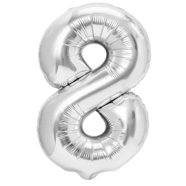Balon din Folie Metalizata, Flippy, Figurina Cifra, Tema Aniversare 100 cm, Ambalaj Individual, Pai inclus, Umflare cu Aer sau Heliu, Argintiu, Cifra 8-0