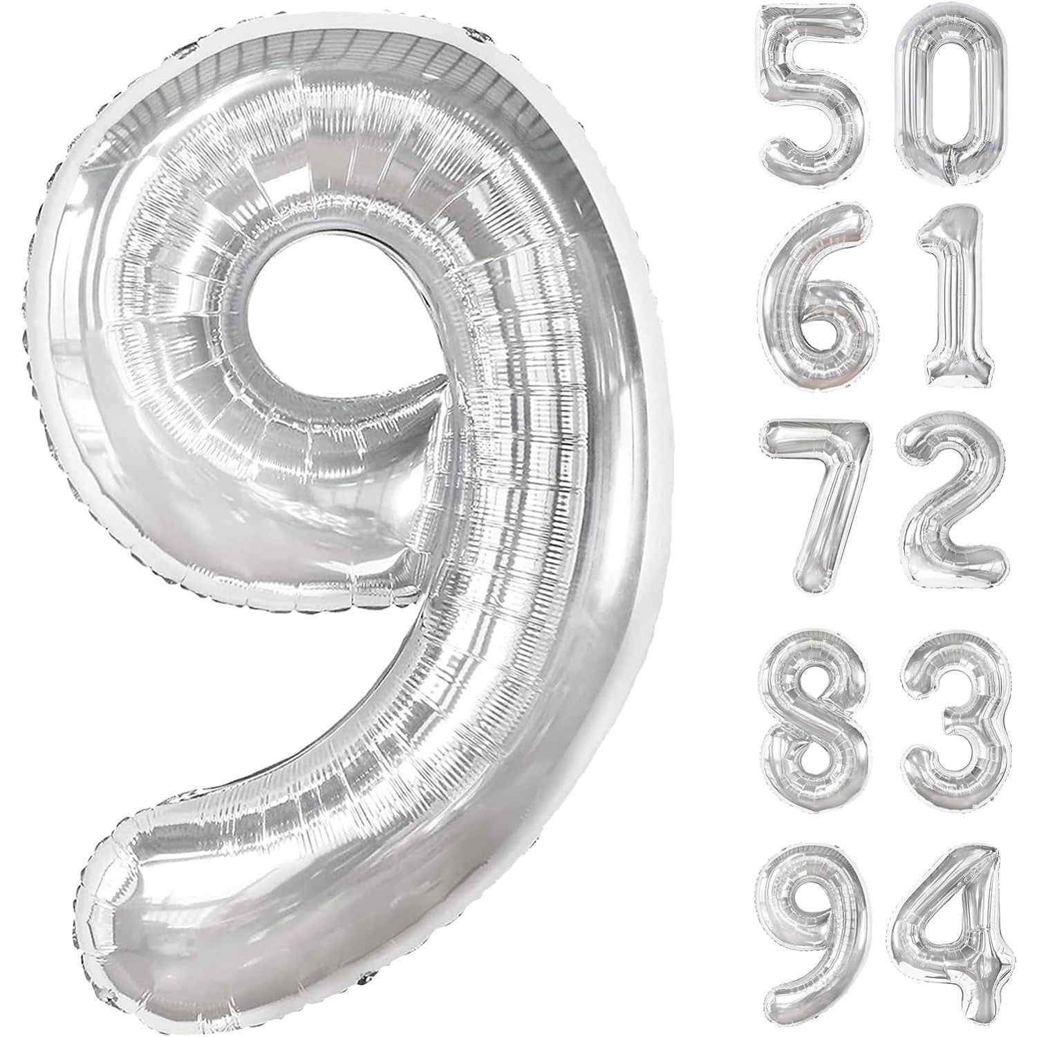 Balon din Folie Metalizata, Flippy, Figurina Cifra, Tema Aniversare 100 cm, Ambalaj Individual, Pai inclus, Umflare cu Aer sau Heliu, Argintiu, Cifra 9-3