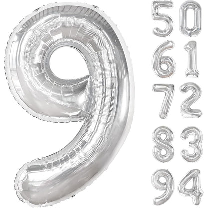 Balon din Folie Metalizata, Flippy, Figurina Cifra, Tema Aniversare 100 cm, Ambalaj Individual, Pai inclus, Umflare cu Aer sau Heliu, Argintiu, Cifra 9-3