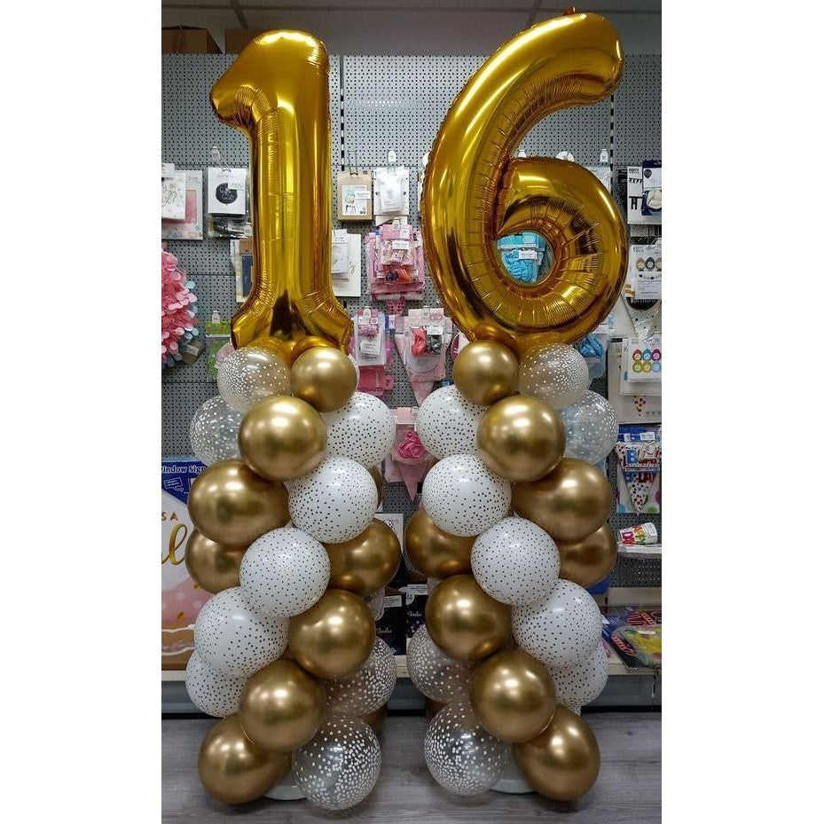 Balon din Folie Metalizata Flippy, Figurina Cifra, Tema Aniversare 100 cm, Ambalaj Individual, Pai inclus, Umflare cu Aer sau Heliu, Auriu, Cifra 6-3