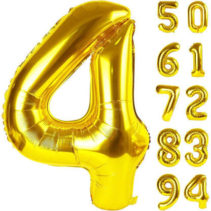 Balon din Folie Metalizata Flippy, Figurina Cifra, Tema Aniversare 100 cm, Ambalaj Individual, Pai inclus, Umflare cu Aer sau Heliu, Auriu, Cifra 4-6