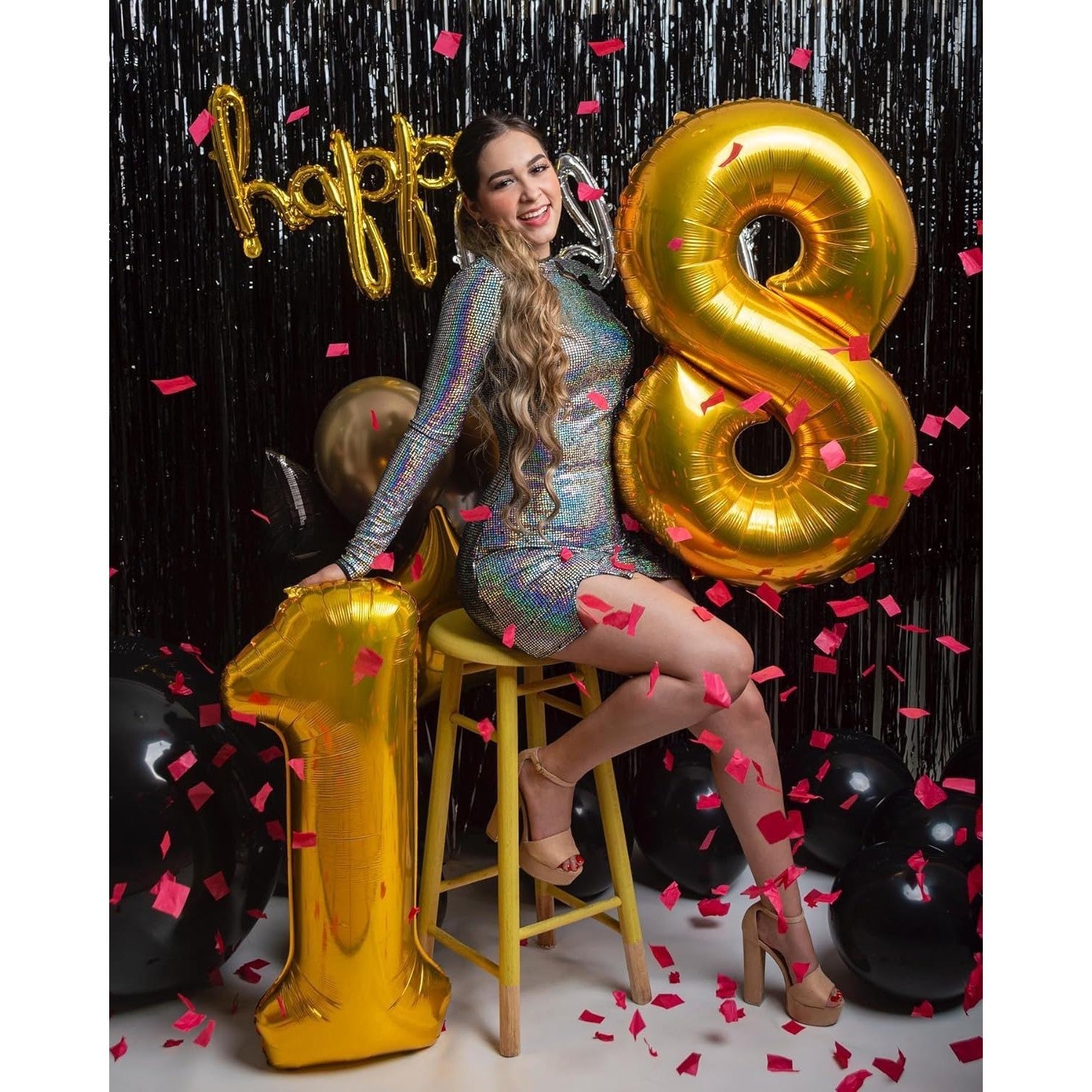 Balon din Folie Metalizata Flippy, Figurina Cifra, Tema Aniversare 100 cm, Ambalaj Individual, Pai inclus, Umflare cu Aer sau Heliu, Auriu, Cifra 8-2