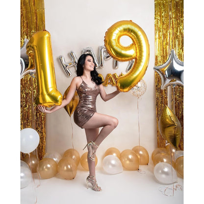 Balon din Folie Metalizata Flippy, Figurina Cifra, Tema Aniversare 100 cm, Ambalaj Individual, Pai inclus, Umflare cu Aer sau Heliu, Auriu, Cifra 9-5