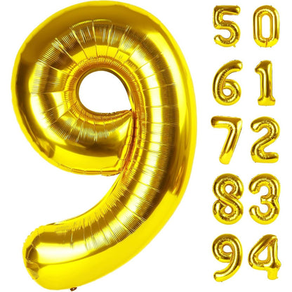 Balon din Folie Metalizata Flippy, Figurina Cifra, Tema Aniversare 100 cm, Ambalaj Individual, Pai inclus, Umflare cu Aer sau Heliu, Auriu, Cifra 9-7