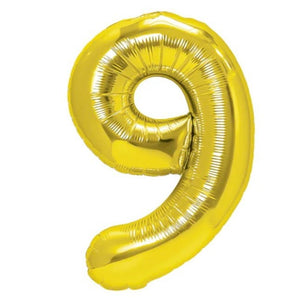 Balon din Folie Metalizata Flippy, Figurina Cifra, Tema Aniversare 100 cm, Ambalaj Individual, Pai inclus, Umflare cu Aer sau Heliu, Auriu, Cifra 9-0