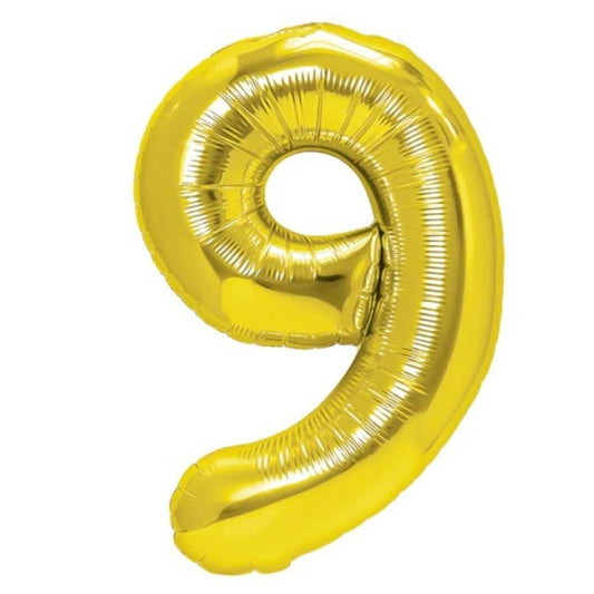 Balon din Folie Metalizata Flippy, Figurina Cifra, Tema Aniversare 100 cm, Ambalaj Individual, Pai inclus, Umflare cu Aer sau Heliu, Auriu, Cifra 9-0