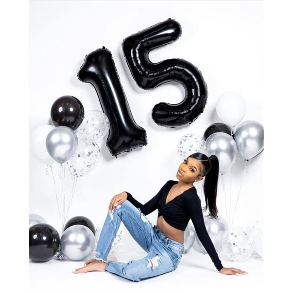 Balon din Folie Metalizata, Flippy, Figurina Cifra, Tema Aniversare 100 cm, Ambalaj Individual, Pai inclus, Umflare cu Aer sau Heliu, Negru, Cifra 1-2