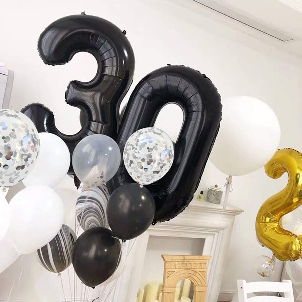 Balon din Folie Metalizata, Flippy, Figurina Cifra, Tema Aniversare 100 cm, Ambalaj Individual, Pai inclus, Umflare cu Aer sau Heliu, Negru, Cifra 3-2