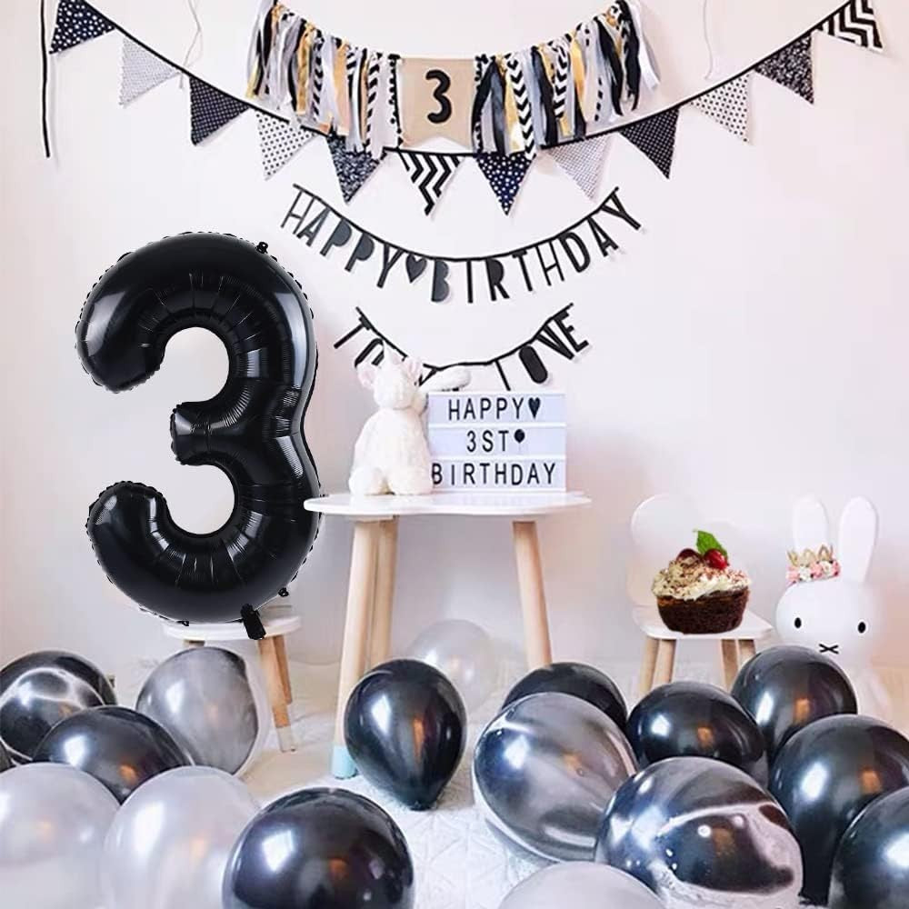 Balon din Folie Metalizata, Flippy, Figurina Cifra, Tema Aniversare 100 cm, Ambalaj Individual, Pai inclus, Umflare cu Aer sau Heliu, Negru, Cifra 3-3