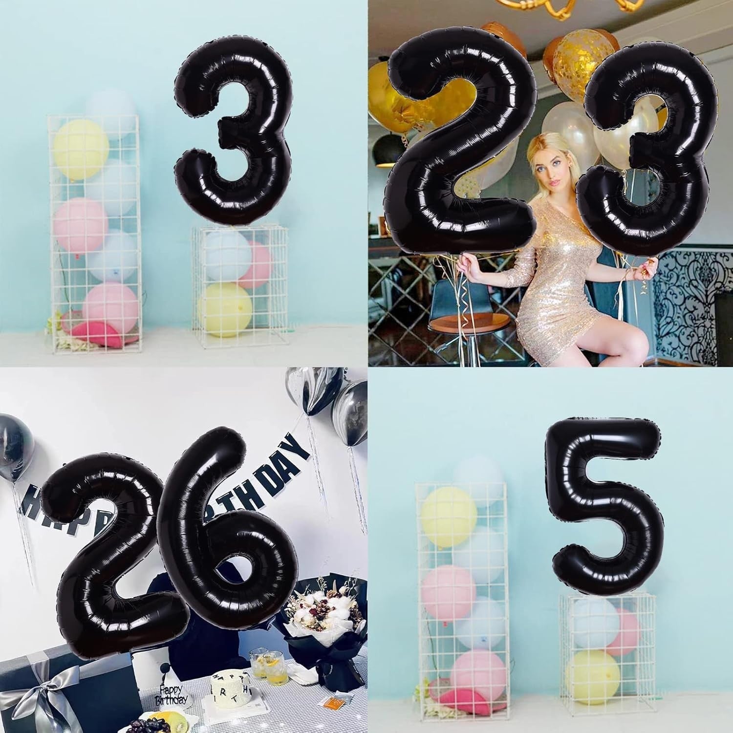 Balon din Folie Metalizata, Flippy, Figurina Cifra, Tema Aniversare 100 cm, Ambalaj Individual, Pai inclus, Umflare cu Aer sau Heliu, Negru, Cifra 3-7