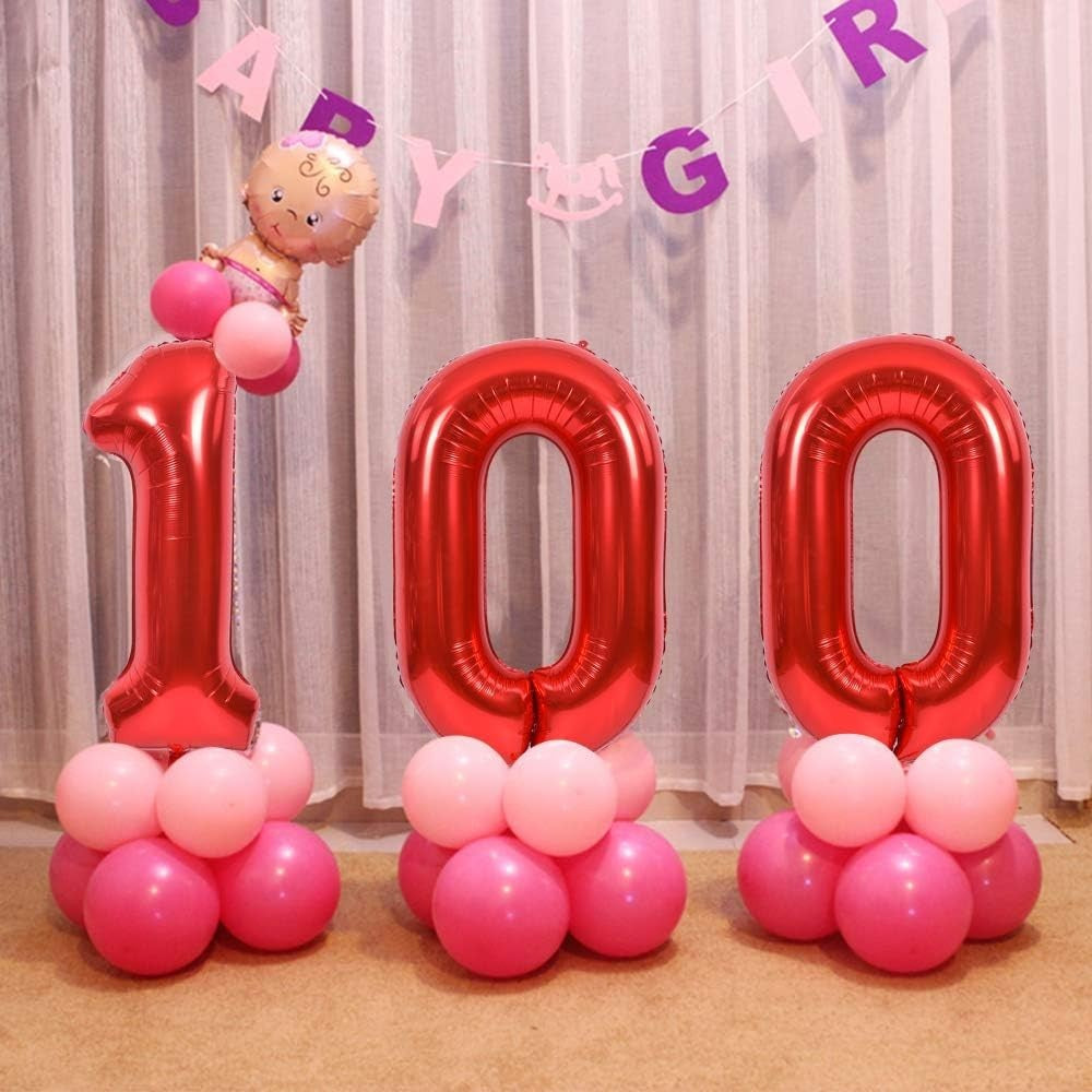 Balon din Folie Metalizata Flippy, Figurina Cifra, Tema Aniversare 100 cm, Ambalaj Individual, Pai inclus, Umflare cu Aer sau Heliu, Rosu, Cifra 0-3