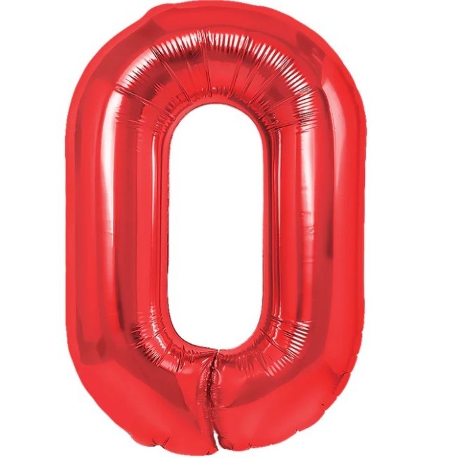 Balon din Folie Metalizata Flippy, Figurina Cifra, Tema Aniversare 100 cm, Ambalaj Individual, Pai inclus, Umflare cu Aer sau Heliu, Rosu, Cifra 0-0