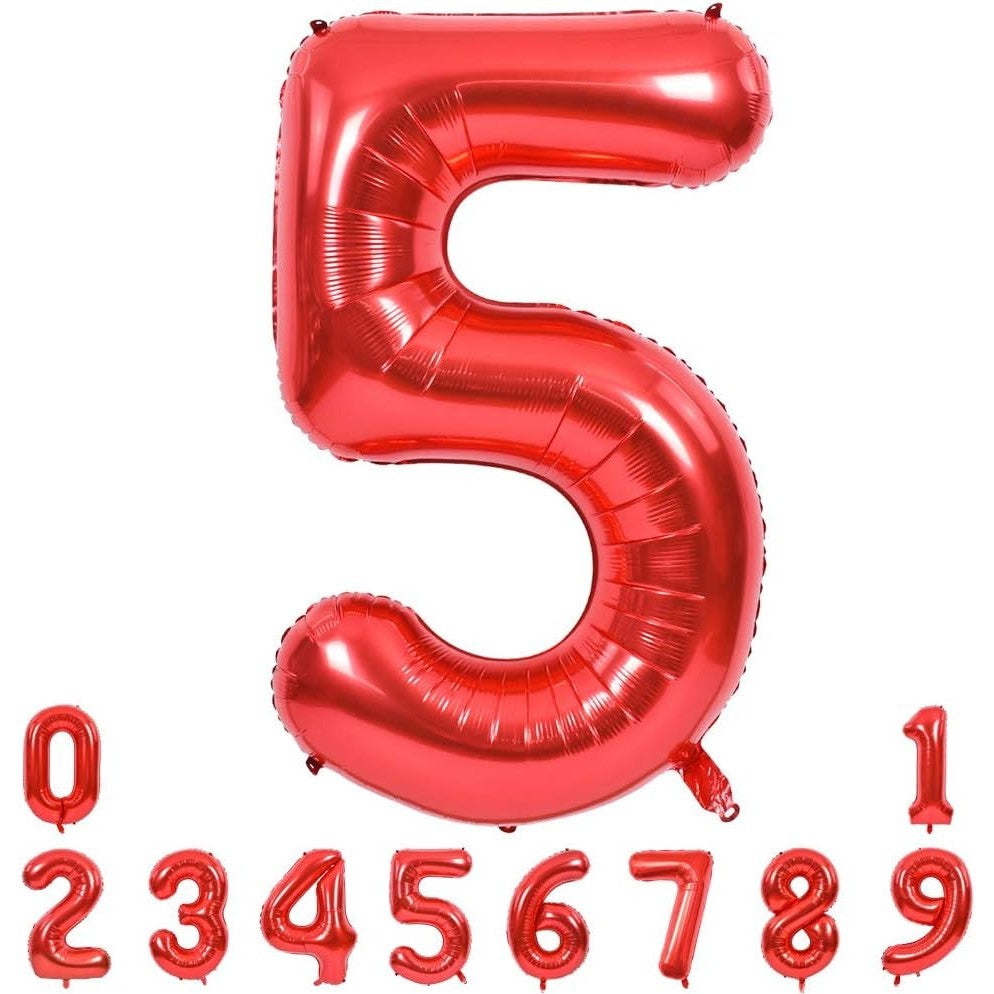 Balon din Folie Metalizata Flippy, Figurina Cifra, Tema Aniversare 100 cm, Ambalaj Individual, Pai inclus, Umflare cu Aer sau Heliu, Rosu, Cifra 5-1