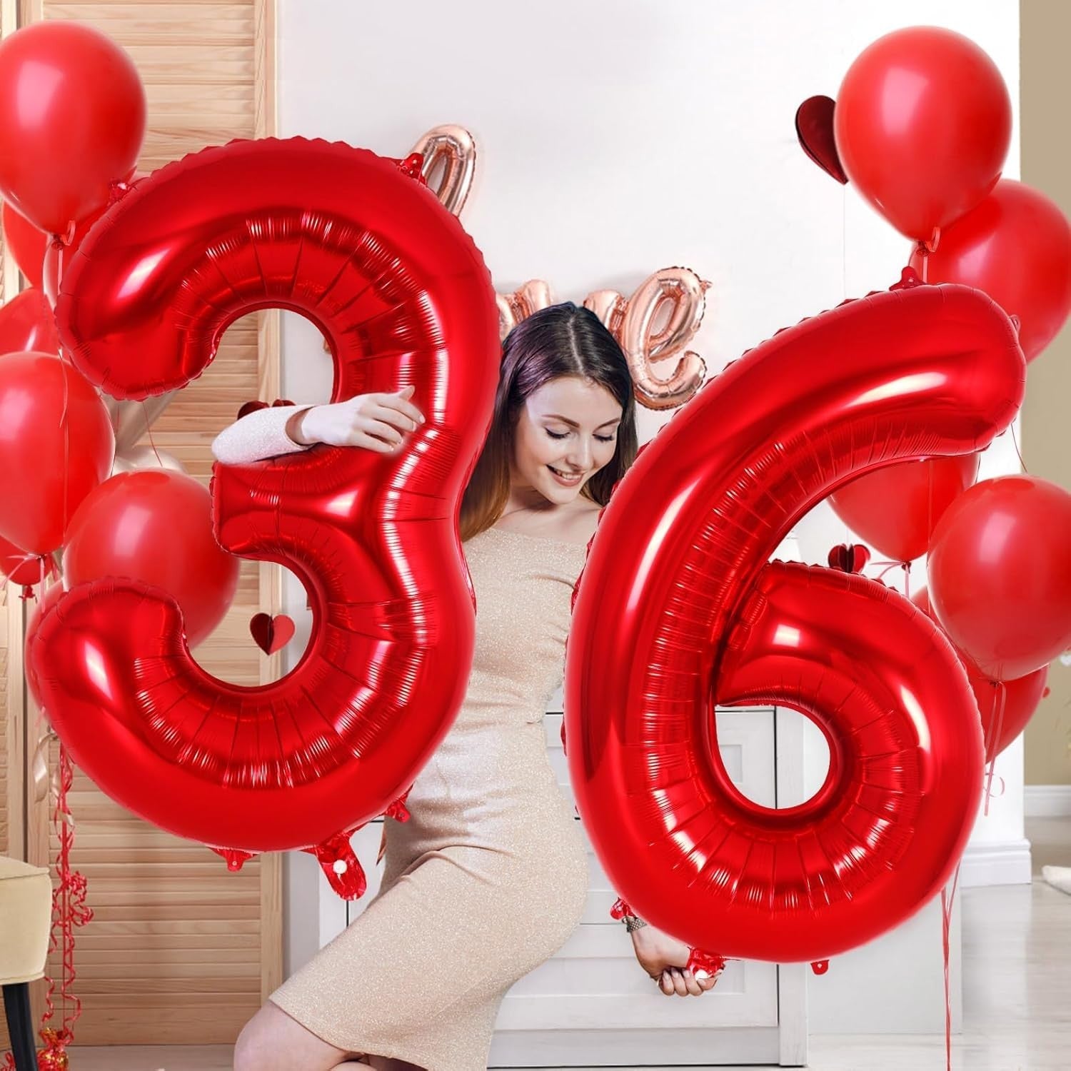Balon din Folie Metalizata Flippy, Figurina Cifra, Tema Aniversare 100 cm, Ambalaj Individual, Pai inclus, Umflare cu Aer sau Heliu, Rosu, Cifra 6-4