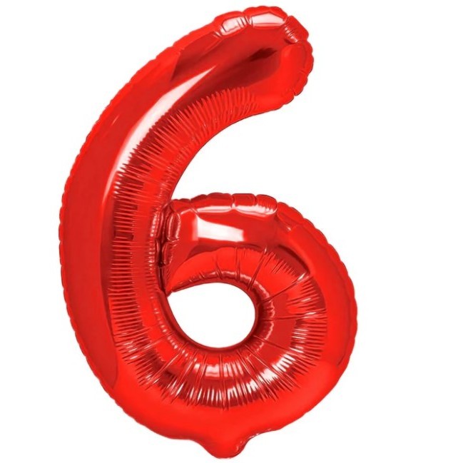 Balon din Folie Metalizata Flippy, Figurina Cifra, Tema Aniversare 100 cm, Ambalaj Individual, Pai inclus, Umflare cu Aer sau Heliu, Rosu, Cifra 6-0