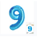 Balon din folie metalizata, Flippy, Balon aniversar, 40 cm, Albastru, Ambalaj Individual, Pai inclus,  Cifra 9-0
