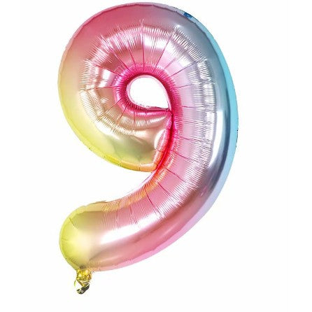 Balon din folie metalizata, Flippy, Balon aniversar, 40 cm, Multicolor, Ambalaj Individual, Pai Inclus, Cifra 9-0