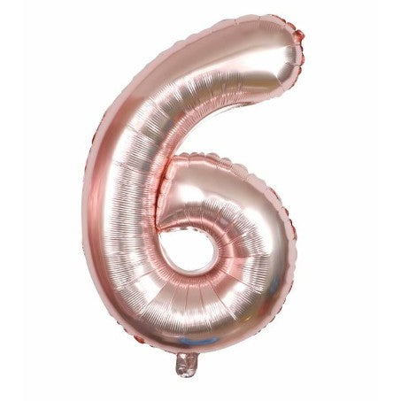 Balon din folie metalizata, Flippy, Balon aniversar, 40 cm, Rose Gold, Ambalaj Individual, Pai Inclus, Cifra 6-0