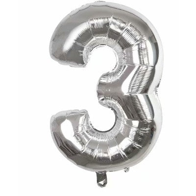 Balon din folie metalizata, Flippy, Balon aniversar, 40 cm, Silver, Ambalaj Individual, Pai Inclus, Cifra 3-0