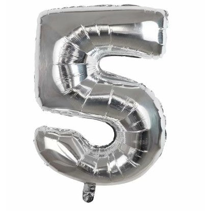 Balon din folie metalizata, Flippy, Balon aniversar, 40 cm, Silver, Ambalaj Individual, Pai Inclus, Cifra 5-0