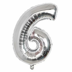 Balon din folie metalizata, Flippy, Balon aniversar, 40 cm, Silver, Ambalaj Individual, Pai Inclus, Cifra 6-0